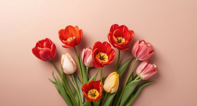 Bold tulip blossoms resting on a smooth muted background with visible copy space