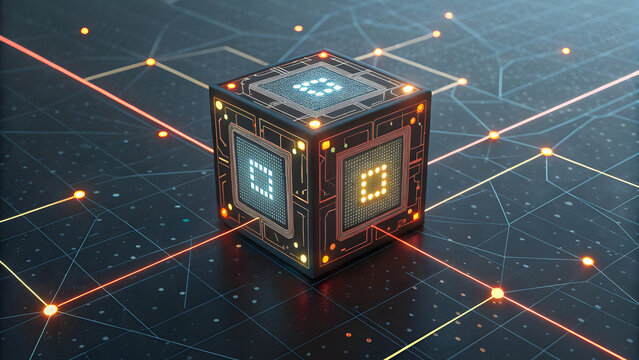 Futuristic Glowing Cube on Digital Grid &ndash; Advanced Technology Illustration, Blockchain Data Concept, and Artificial Intelligence Design