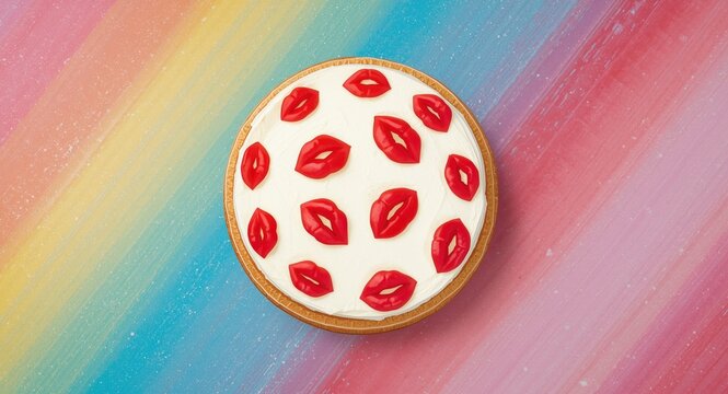 Playful cake adorned with red lips on a bright colorful texture