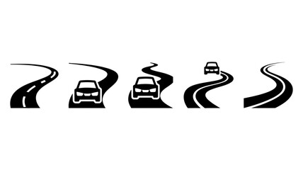 Fototapeta premium A collection of five black and white vector icons depicting winding roads with cars.