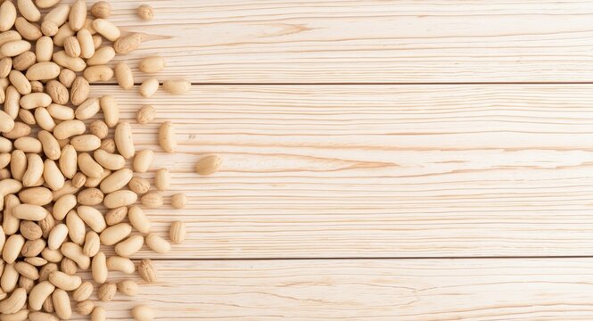 Light wooden plank background with randomly placed pinto beans copy space
