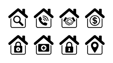 Obraz premium A set of eight black line art house-shaped vector icons representing various home and property services.