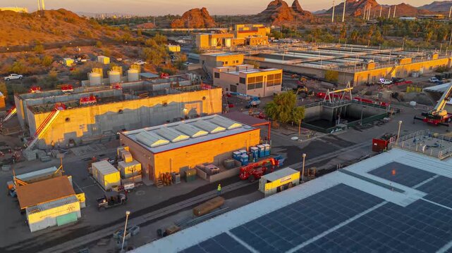 Aerial Sunset Hyperlapse of Water Treatment Expansion and Tempe Skyline