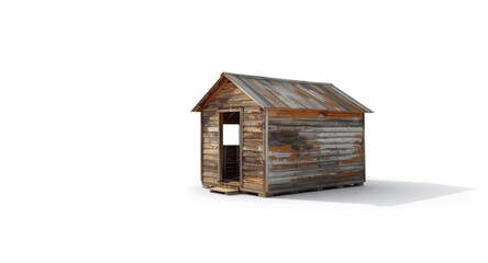 Dilapidated rustic shed on a solid white background