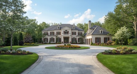 Fototapeta premium Palatial customized dwelling with manicured yard and direct driveway to private garage