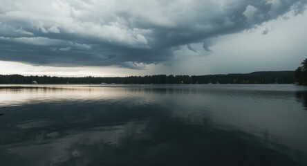 Fototapeta premium Lake scenery with peaceful reflective surface beneath a stormy sky