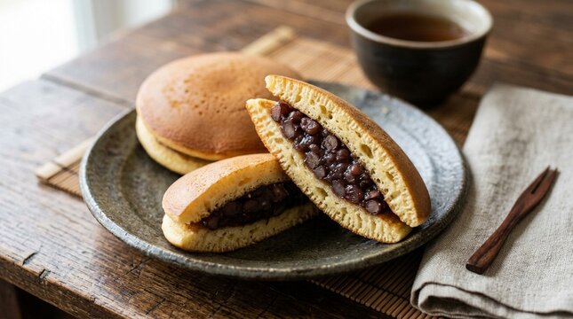 Close-up of Japanese dorayaki pancake sandwich with sweet red bean paste, no text, no logos, no faces, Japanese confectionery concept for food brand or culinary editorial, commercial use