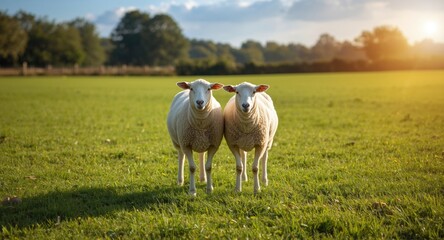 Fototapeta premium Gentle pet sheep twins standing together on lush green lawn during a warm summer day full length scene