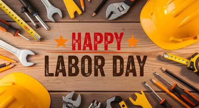Happy labor day celebration with construction tools and hard hats
