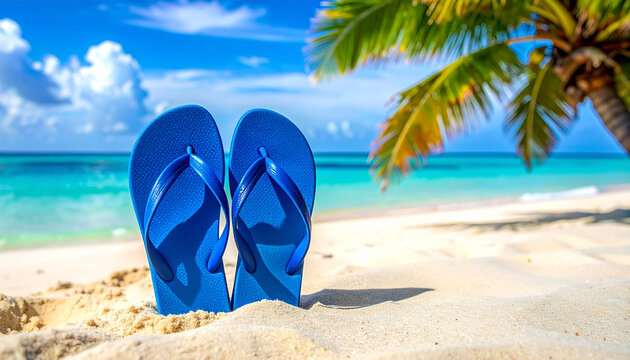 Blaue Flip-Flops stehen im Sand an einem sonnigen Strand mit Palme vor türkisfarbenem Meer und blauem Himmel
