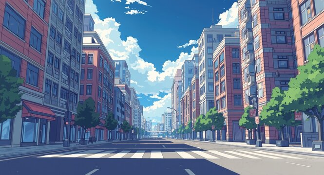 Illustrated 2d anime city scene emphasizing abstract design and color contrast