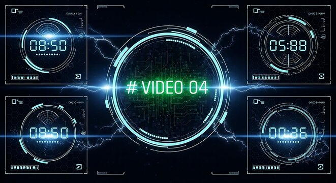 Futuristic digital interface with glowing elements and data displays.