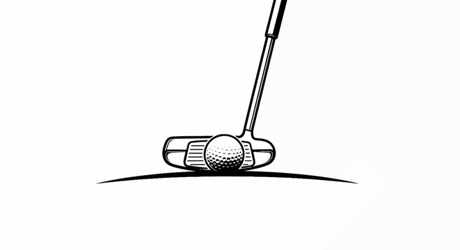 Black and white illustration of a golf club with a ball on a curved line