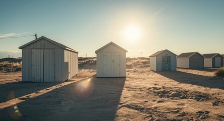 Radiant coastal huts brightened by clear summer weather