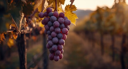 Naklejka premium Purple grape bunch highlighted in front of a faint vineyard blur