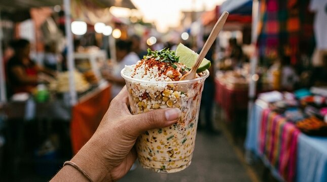Close-up of elotes en vaso street corn in a cup with all toppings, no text, no logos, no faces, Mexican street food concept for food brand or culinary editorial, commercial use