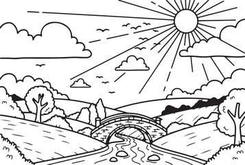 Fototapeta premium Coloring vector page of a scenic landscape with a bridge and sunny sky in a book