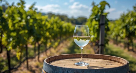 Naklejka premium Picturesque vineyard scene featuring a white wine glass and oak barrel on a sunny day