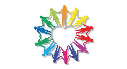 Obraz premium A diverse group of colorful people forms a circle, holding hands around a white heart shape.