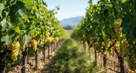 Naklejka premium Outdoor vineyard scene with ripe white grapes ready for harvest