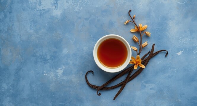 Blue textured surface holding vanilla extract bowl with vanilla beans and decorative flowers