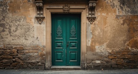 Fototapeta premium Green door with vintage carvings provoking wonder in historic structure