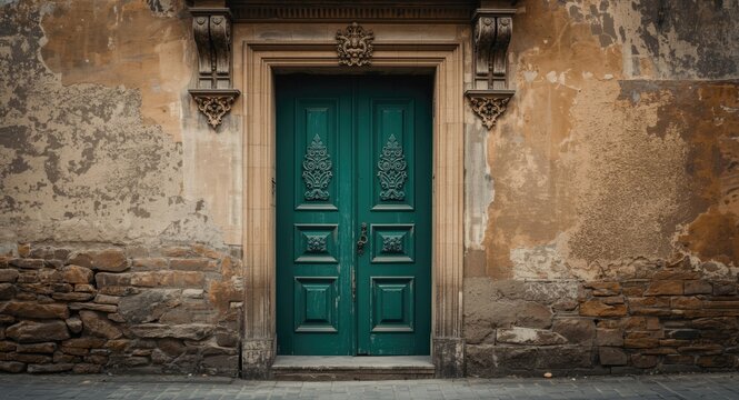 Green door with vintage carvings provoking wonder in historic structure