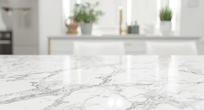 Polished white marble surface featuring blurred background and copy space