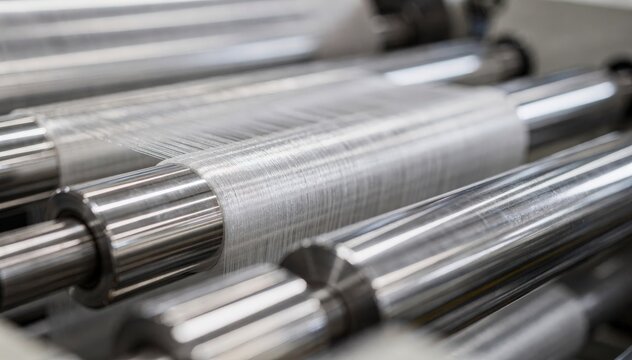 Closeup medium shot highlighting highpower spandex elastomeric yarn being accurately tensioned by godet rolls during advanced fiber production.