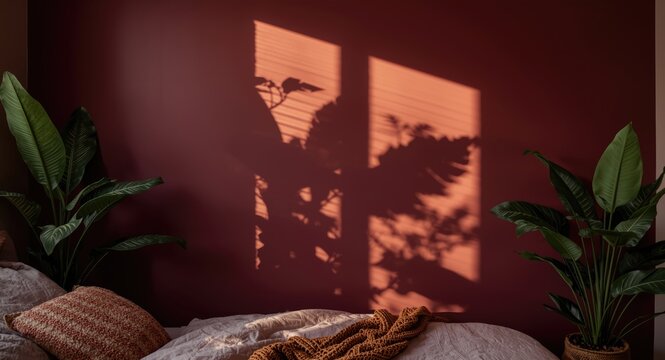 Natural shadows from tropical plants and sunrise light brighten a boho bedroom with earthy maroon colored walls