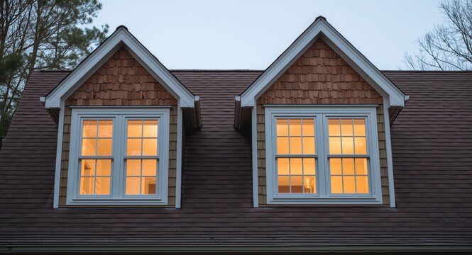 Home exterior with Dutch attic roof, tan shingles on gable, white framed double hung windows, and shake siding