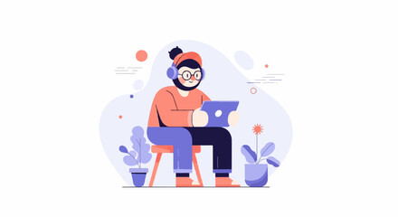 Obraz premium Person in headphones working on a tablet at home with potted plants