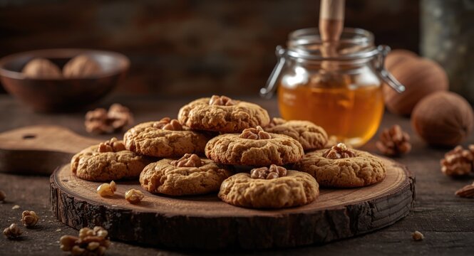 Rustic wood board arrangement of honey walnut cookies with honey jar and walnut pieces in warm kitchen