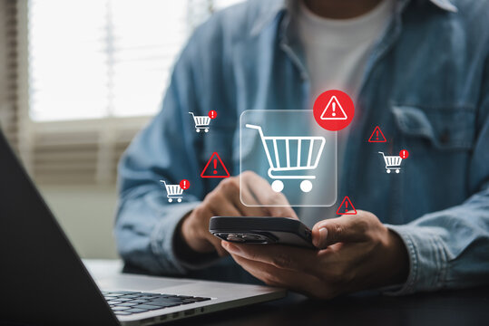 ecommerce security risk and online shopping fraud warning. online shopping security warning on smartphone with digital alert ecommerce cart, transaction risk and cyber threat in mobile