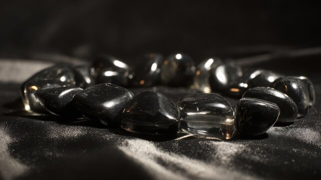 Array of Small Polished Obsidian Stones Gleaming on a Dark Textured Surface
