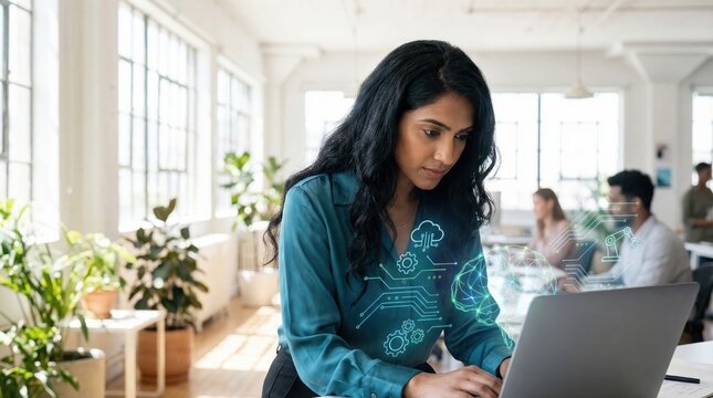 Businesswoman focused on laptop with connected automation network overlay. AI workflow concept.