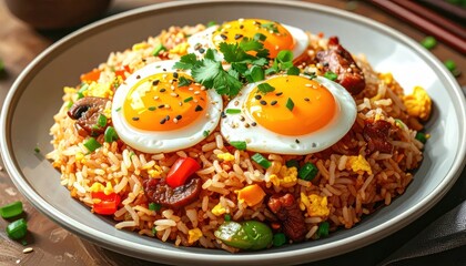 Fototapeta premium Delicious Fried Rice with Eggs and Herbs.