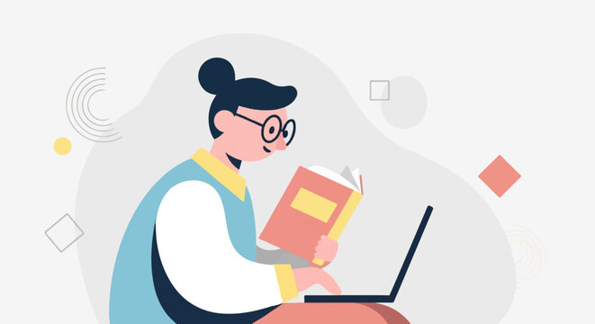 Person reading a book and using a laptop with abstract shapes in background