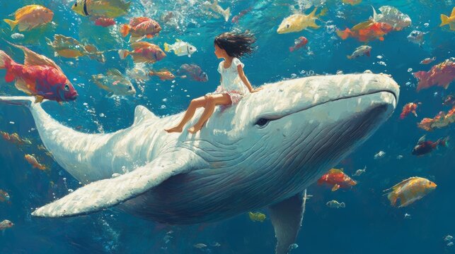 The girl swam the deep sea with the blue whale.