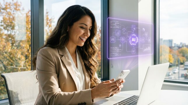 Smiling businesswoman using smartphone beside laptop with AI automation panel. Digital assistant concept.
