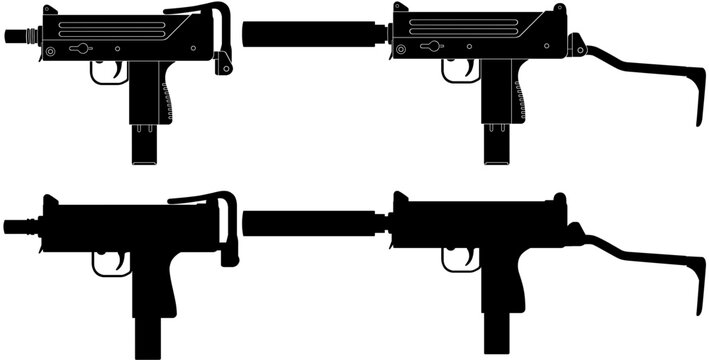Uzi submachine gun silhouette collection vector set
