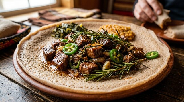 Close-up of Ethiopian tibs saut&eacute;ed beef with jalape&ntilde;o and rosemary on injera, no text, no logos, no faces, Ethiopian gastronomy concept for restaurant brand or culinary editorial, commercial use