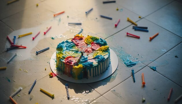 Smashed colorful birthday cake with bright frosting dropped on a tiled floor surrounded by scattered candles