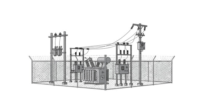 An outdoor electrical substation with transformers and power lines is enclosed by a chain-link fence on a white background.