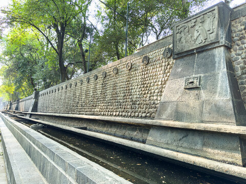 Mexico City, Mexico - March 21, 2024. Area of The Monumental Fountain of Nezahualcoyotl in Chapultepec park