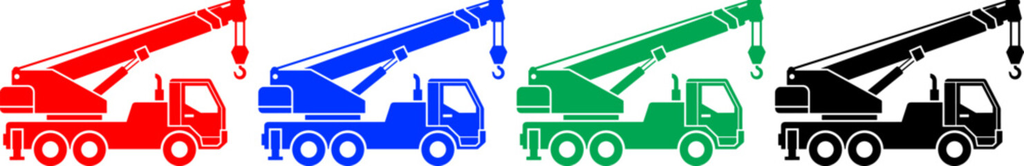 Four mobile crane trucks red blue green black construction vehicles isolated © Emongrapic