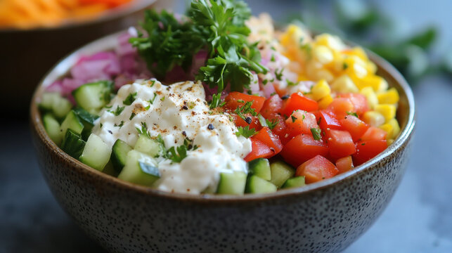 A healthy bowl of vegetable rice with fresh tomatoes, carrots, onions, and peppers, served as a delicious gourmet meal with optional meat and cheese