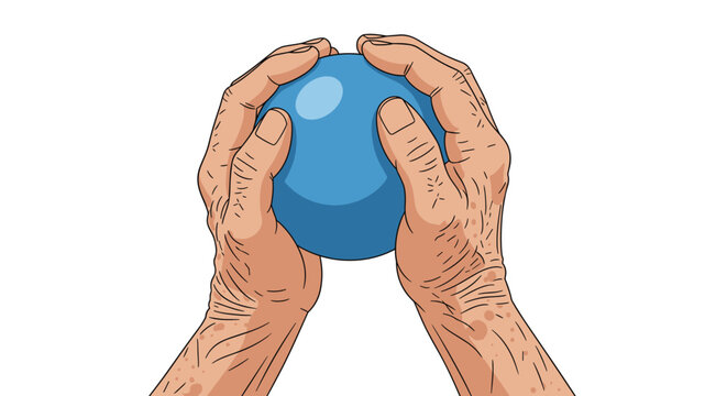 Two aged hands are cupped together holding a smooth blue ball against a plain white background.