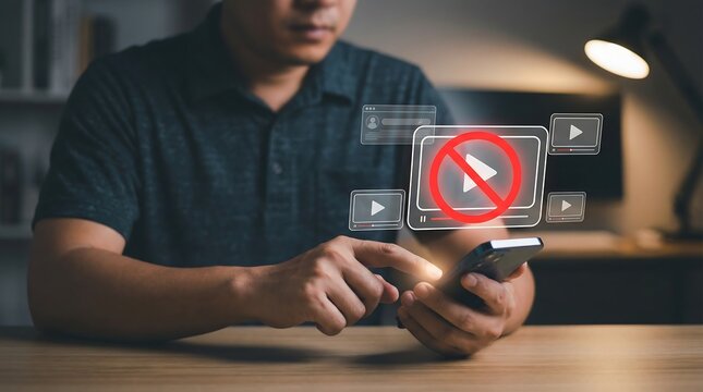 A person is using a smartphone, with a prominent red "no play" sign superimposed over a video player icon, surrounded by other digital video content symbols, indicating content restriction or error.