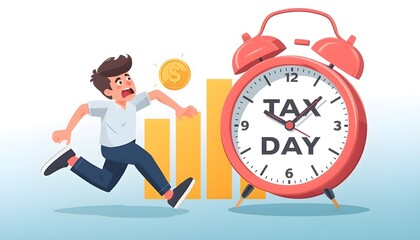 Tax Day April 15 cartoon man running alarm clock financial stress urgency deadline USA federal income filing reminder illustration design